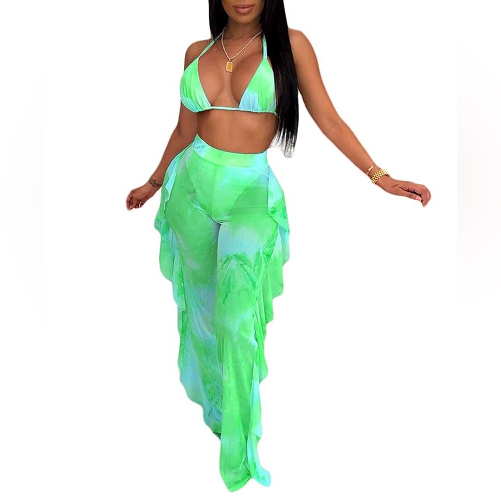 Women Two Piece‎ Bikini Mesh Beach Pants Set Tie Dye Swimwear Sexy NWOT L